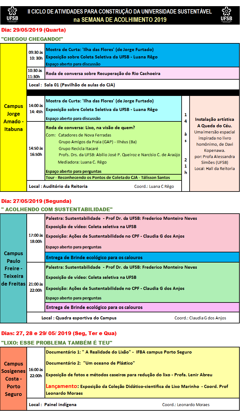 Programação Ciclo Atividades Sustentabilidade Semana de Acolhimento 2019 3